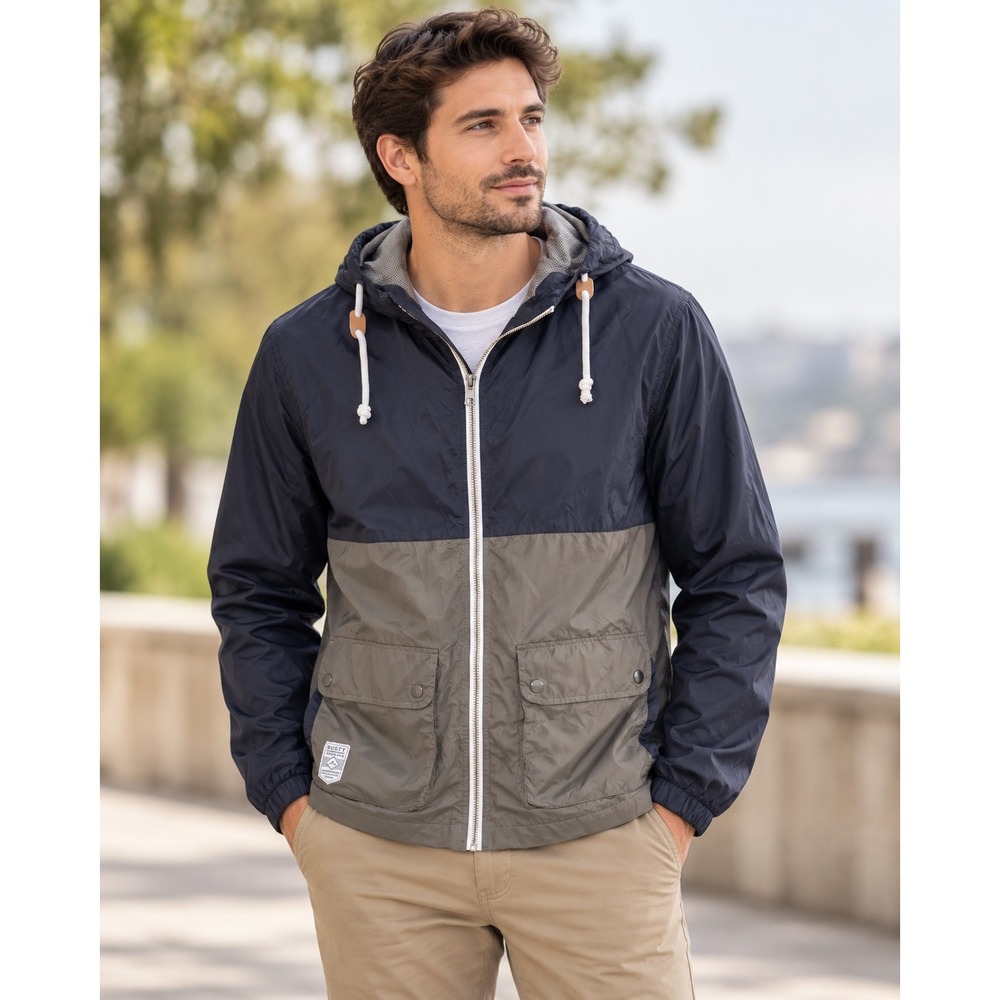 Rusty Surfwear Mens Colorblock Windbreaker Jacket Blue Grey Hooded Full Zip